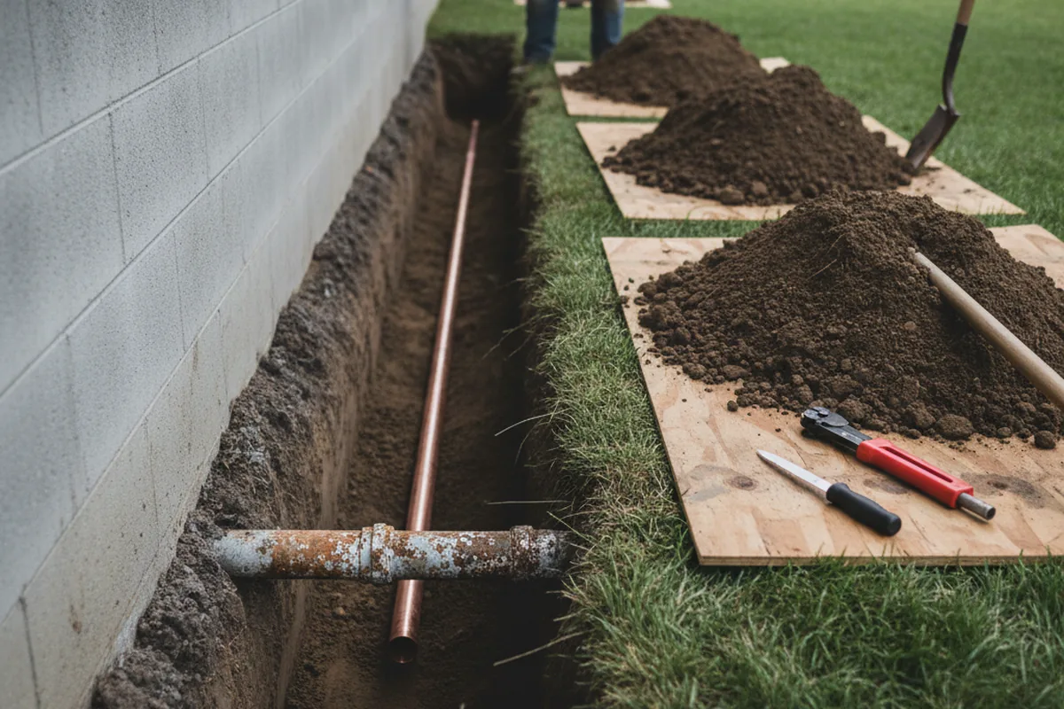 Excavated water line trench during Water Softener Installation in Ridgeville